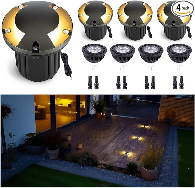 Gardenreet Outdoor Low Voltage Well Lights - Brass Replaceable Bulb 12V In-Ground Lighting, LED Low Voltage Turret Top Fixture, Antique Bronze for House Backyard Patio with 2700K Warm White MR16 Bulb