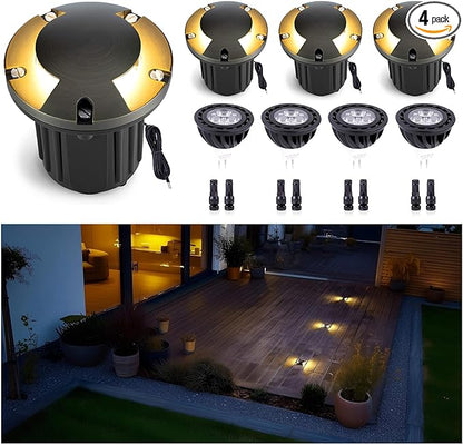 Gardenreet Outdoor Low Voltage Well Lights - Brass Replaceable Bulb 12V In-Ground Lighting, LED Low Voltage Turret Top Fixture, Antique Bronze for House Backyard Patio with 2700K Warm White MR16 Bulb