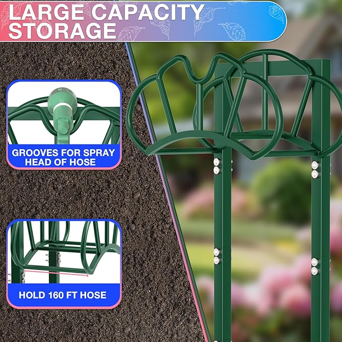 New Garden Hose Holder, Super Stable Water Hose Holders Stand Holds 160-Feet Hose, Detachable Freestanding Hose Storage Hanger Rack for Outside Yard Lawn Farm, Green