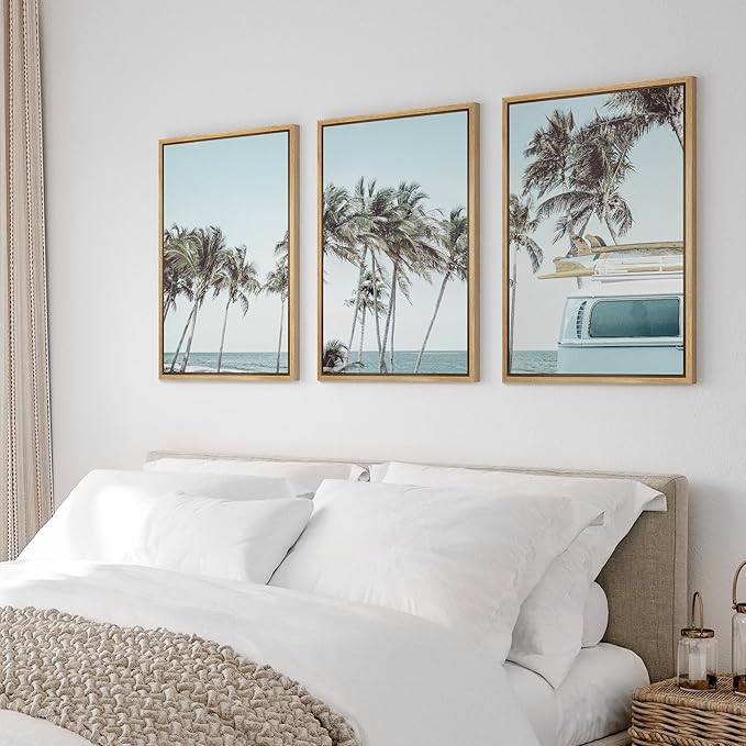 Ashbrook Framed Canvas Print Wall Art Set Retro Road Trip Palm Tree Beach Vacation Nature Wilderness Photography Realism Decorative Nautical Calm/Relax/Cozy for Bedroom - 16"x24"x3 NATURAL