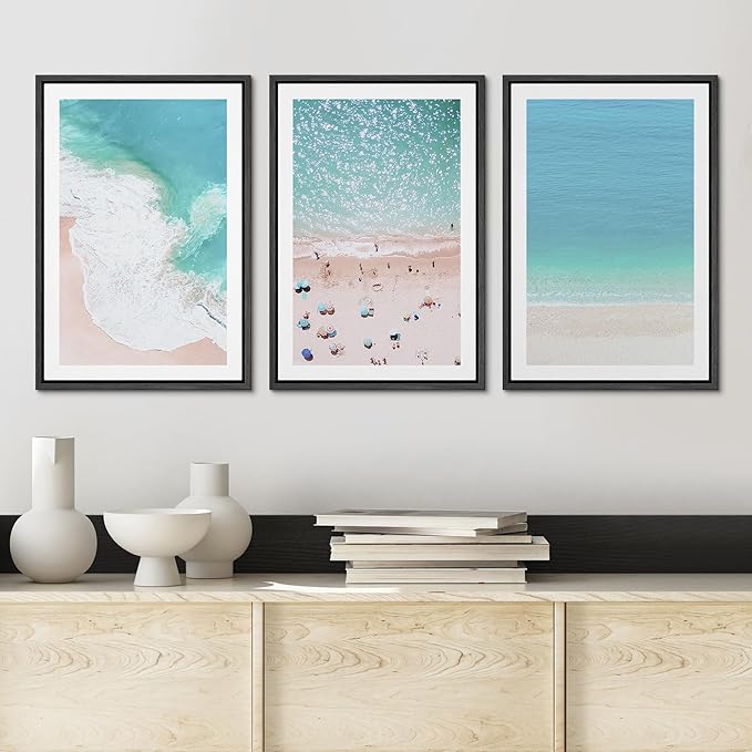 Ashbrook Framed Wall Art Print Set Aerial View Nautical Beach Ocean Wave View Nature Wilderness Photography Modern Art Scenic Colorful Chic for Living Room, Bedroom, Office - 16"x24"x3 Black