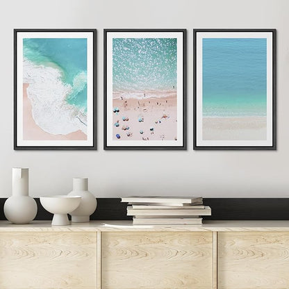 Ashbrook Framed Wall Art Print Set Aerial View Nautical Beach Ocean Wave View Nature Wilderness Photography Modern Art Scenic Colorful Chic for Living Room, Bedroom, Office - 24"x36"x3 Black