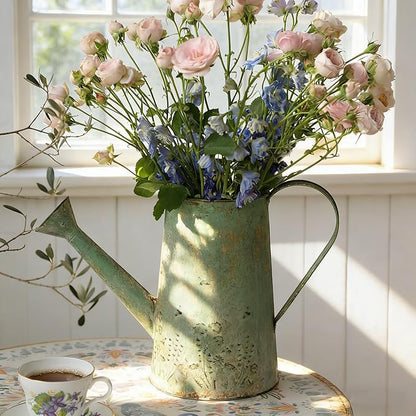 Vintage Metal Watering Can with Floral Embossed Design Garden Distressed Green Decorative Watering Pot Planter Farmhouse Waterer for Home Indoor Outdoor Garden Balcony Courtyard (Green#2)