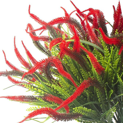 10 Bundles Artificial Plants Outdoor Fake Grass with Flowers UV Resistant Greenery Garden Porch Window Box Decorating (Red)
