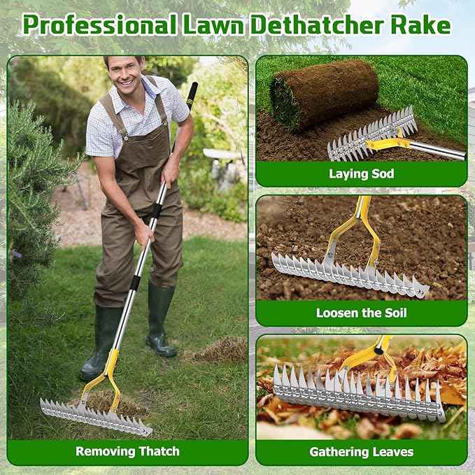 Thatch Rake, 15 Inch Lawn Thatching Rakes for Cleaning Dead Grass, Efficient Metal Steel Lawn Dethatcher with Sponge Handle, Lawn loosening Soil Grass Rake (Silver)