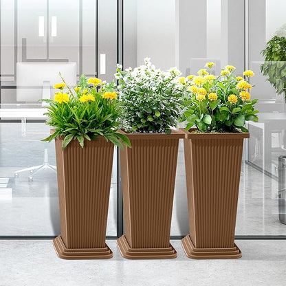 24 Inch Tall Tapered Square Planters (Set of 2) - Indoor Outdoor Large Flower Pots with Built-in Drainage & Matching Water Tray for Patio, Garden, Home - Brown