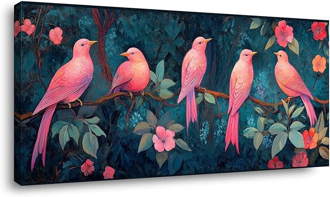 Pink Birds Canvas Wall Art Birds Floral Tree Canvas Pictures Bird on Tree Branch Painting Flower Wall Decor Canvas Nature Farmhouse Animal Painting for Girl’s Room Bedroom Bathroom Living Room (16x32 Inches)