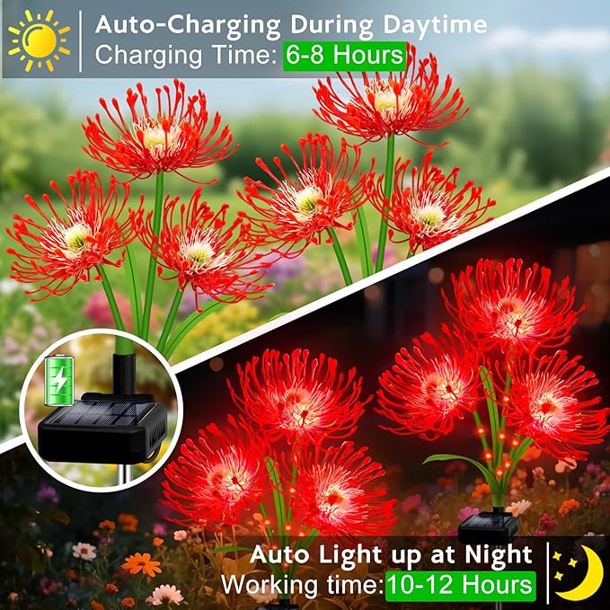 Solar Garden Flower Lights Outdoor,4 Pack 12-Head Red Spider Lily Waterproof with Glowing Stems,Elegant Yard & Patio Decor,Ideal Valentine's,Christmas & Gardening Gifts for Women,Mothers & Grandma