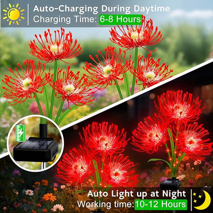 Solar Garden Flower Lights Outdoor,4 Pack 12-Head Red Spider Lily Waterproof with Glowing Stems,Elegant Yard & Patio Decor,Ideal Valentine's,Christmas & Gardening Gifts for Women,Mothers & Grandma