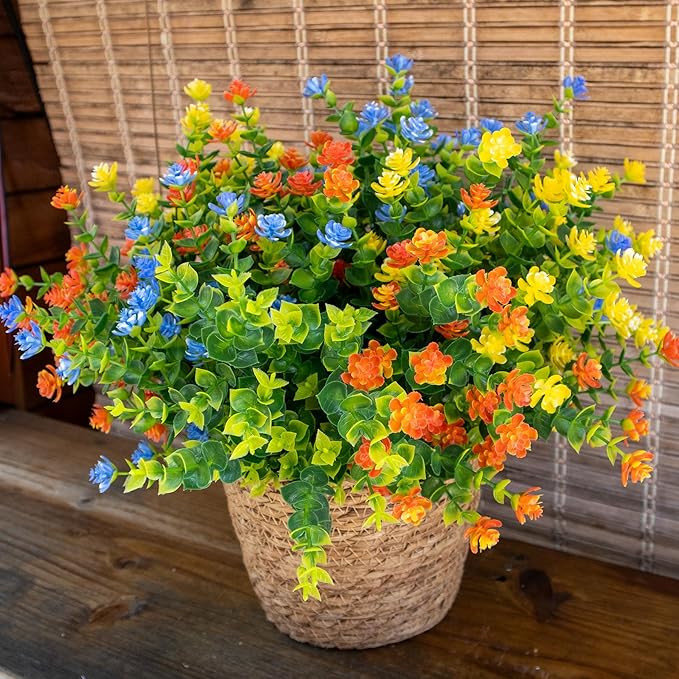 Artificial Flowers Outdoors, 12 Bundles Fake Flowers UV-Anti for Decoration Faux Plastic Plants Garden Porch Window Box Décor, YellowPurpleBlueGreen