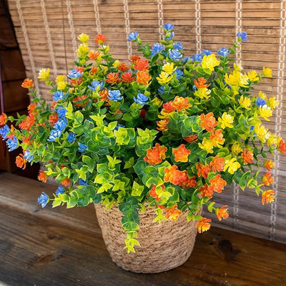Artificial Flowers Outdoors, 12 Bundles Fake Flowers UV-Anti for Decoration Faux Plastic Plants Garden Porch Window Box Décor, YellowPurpleBlueGreen