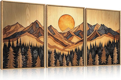 Ausril Woodcut Mountain Pine Tree Framed Canvas Wall Art Set of 3-24x36 Inch, Vintage Nature Forest Wilderness Landscape Print, Brown Boho Style Painting for Living Room, Bedroom, Office Decor