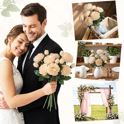 36 Bundles Artificial Flowers Peonies Roses Fake Bouquet for Wedding Bridal Shower Valentine's Day Decorations Fake Floral Arrangements Table Centerpieces Home Decor(Champagne)