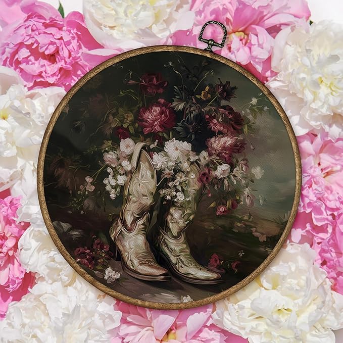 TLESKE Moody Floral Western Cowgirl Round Wall Art Decor Framed 10x10, Preppy Cowgirl Boot Canvas Wall Art Prints Artwork, Dark Academia Cottagecore Hanging Wall Picture Room Door Decor for Bedroom