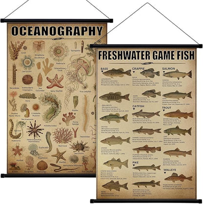 Geosar 2 Pcs Vintage Ocean Fish Poster Marine Life Wall Decor Rustic Ocean Knowledge Picture Prints Wall Art Illustrative Reference Chart Poster for Home Office Classroom Bedroom Decor,15.7 x 23.6''
