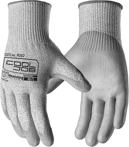 COOLJOB 12/120 Pairs Cut Resistant Safety Work Gloves with Grip, 13 Gauge Seamless Shell with PU Coating, ANSI A2 A4 A6, Gray