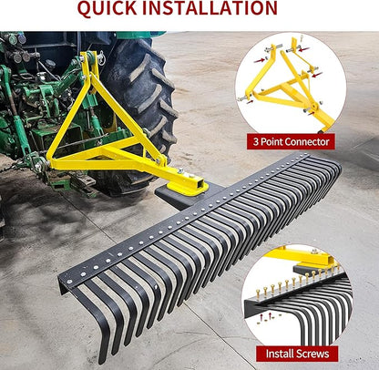 YITAMOTOR 3 Point Landscape Rock Rake for Category 1, 5 FT Attach Tractor Rake with 360 Degree Rotation, Tow-Behind Lawn Garden Tool Attachment for Compact Tractors