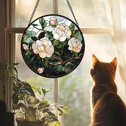 Stained Glass Suncatcher, Light Pink Flowers Green Leaf Sun Catcher Plant Stain Glass Window Hanging Decoration Mother's Day Birthday Gifts for Women Men Mom Nana 11.8 in