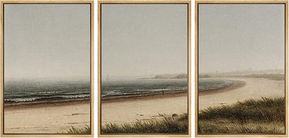 Ashbrook Framed Canvas Print Wall Art Set Misty Beach Horizon Nature Wilderness Illustrations Fine Art Decorative Seascape Horizon Vintage for Living Room, Bedroom, Office - 24"x36"x3 Natural