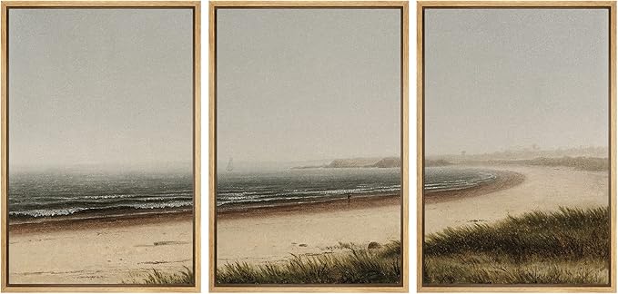 Ashbrook Framed Canvas Print Wall Art Set Misty Beach Horizon Nature Wilderness Illustrations Fine Art Decorative Seascape Horizon Vintage for Living Room, Bedroom, Office - 16"x24"x3 Natural