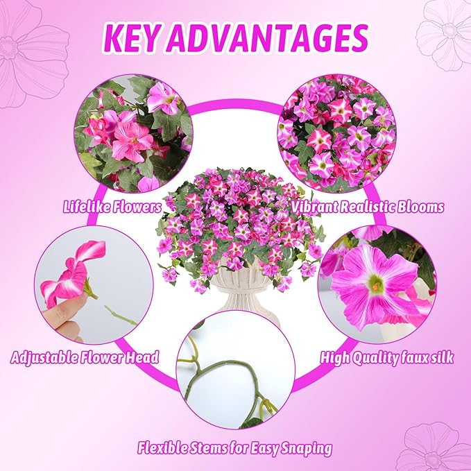 Artificial Fake Flowers for Outdoor Plants Decoration,2 Pcs Faux Petunias Flowers Plants UV Resistant Silk for Porch Yard Garden Home Indoor Decor(Purple Red)