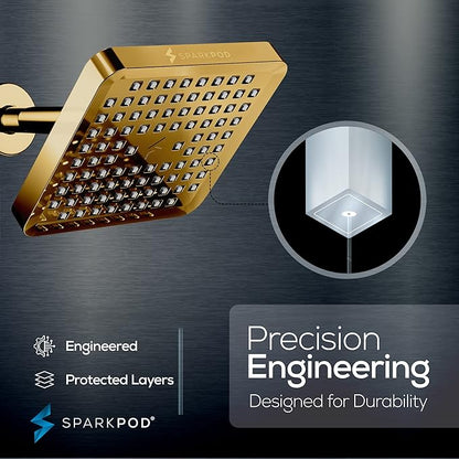 SparkPod Shower Head - High Pressure Rain - Premium Quality Luxury Design - 1-Min Install - Easy Clean Adjustable Replacement for Your Bathroom Shower Heads (Egyptian Gold, 6 Inch Square)