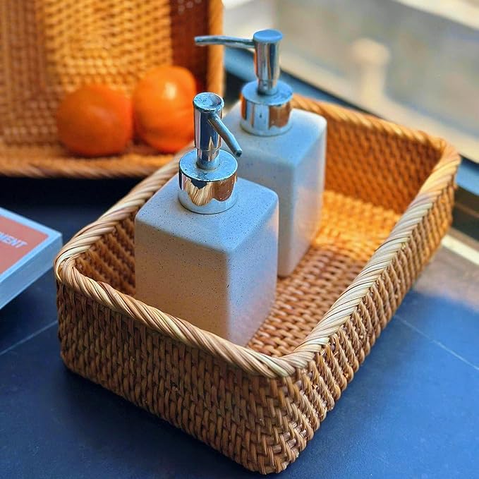 Natural Rattan Woven Baskets, Rectangular Wicker Basket for Organizing Living Room, Storage Bathroom, Kitchen Decor, Kitchen Storage, 3 Packs