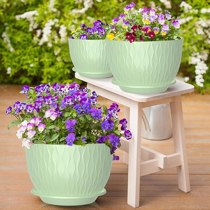 12/10/9 Inch Large Planter Pots, 3-Pack Flower Pots for Indoor Outdoor Garden Plants, Big Plant Pots with Multi Mesh Drainage Holes and Saucer (Green, 12"+10"+9")