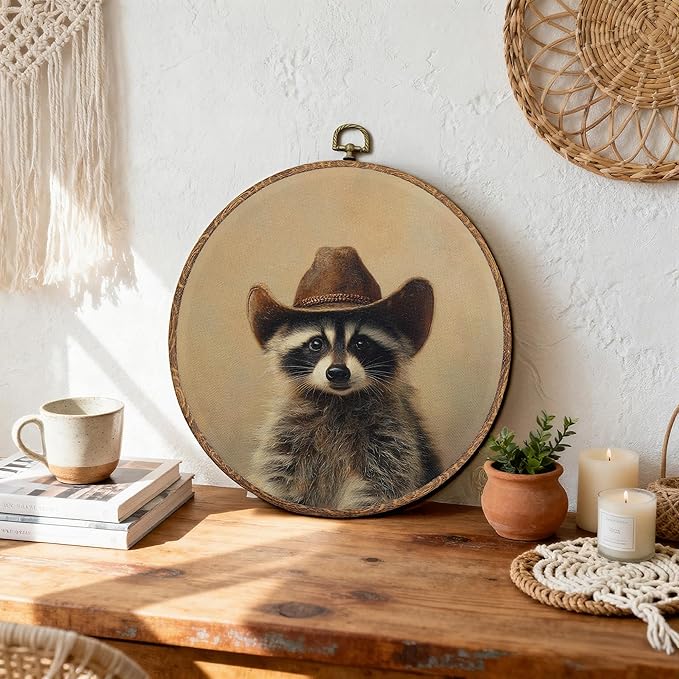 DEQSX Vintage Raccoon Round Wall Art, Raccoon Gifts for Women, Rustic Western Cowboy Wild Animals Wall Decor Canvas Prints Posters for Home Bedroom Living Room, 10x10 Inches