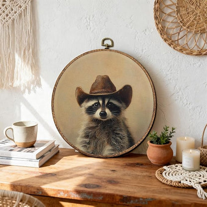 DEQSX Vintage Raccoon Round Wall Art, Raccoon Gifts for Women, Rustic Western Cowboy Wild Animals Wall Decor Canvas Prints Posters for Home Bedroom Living Room, 10x10 Inches
