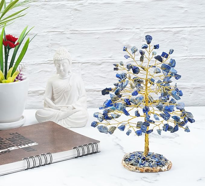 Lapis Lazuli Gemstone Tree of Life - Geode Agate Slice Base, Crystal Tree for Positive Energy, Handmade Chakra Tree, Feng Shui Decor - Good Luck Money Bonsai, Healing Stones Gem Tree, Spiritual Gift
