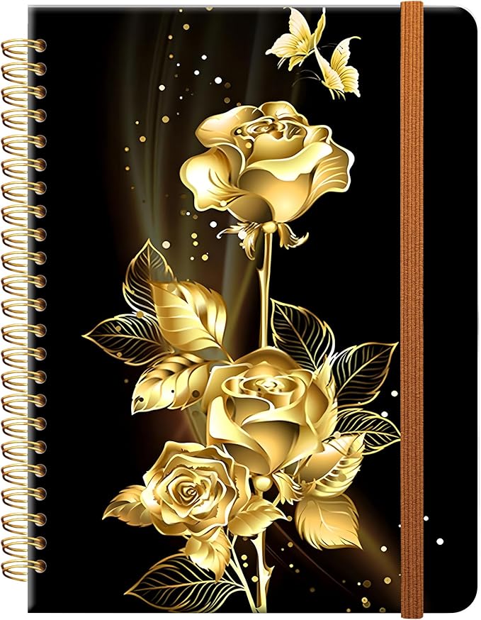Ruled Spiral Writing Notebook,A5 Hardcover Lined College Journal for Women,Strong Twin-Wire Binding with Premium Paper,8.4" X 6",Perfect for School,Office,Home(Gold Butterfly Rose)