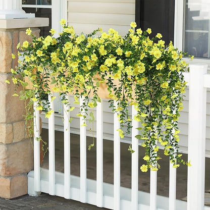 RECUTMS Artificial Hanging Flowers Plants for Outdoors 4 Pcs Fake Mums Plant Decor Realistic Real Touch Silk Flower UV Resistant Trailing Vine Look Real for Yard Porch Patio Garden Balcony (Yellow)
