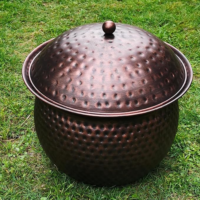 BSTGIFTS Garden Hose Holder Pot with Lid - Hose Storage Pot with Copper Finish and Hammered Accent - Stell Water Hose Container, Water Hose Hider Outdoor or Indoor Use