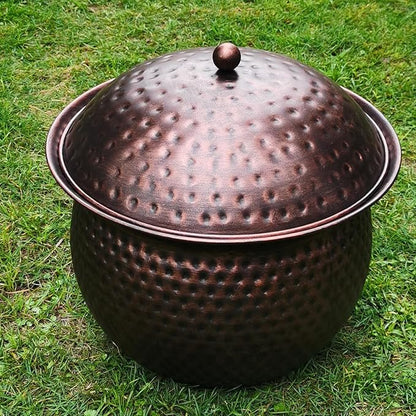 BSTGIFTS Garden Hose Holder Pot with Lid - Hose Storage Pot with Copper Finish and Hammered Accent - Stell Water Hose Container, Water Hose Hider Outdoor or Indoor Use