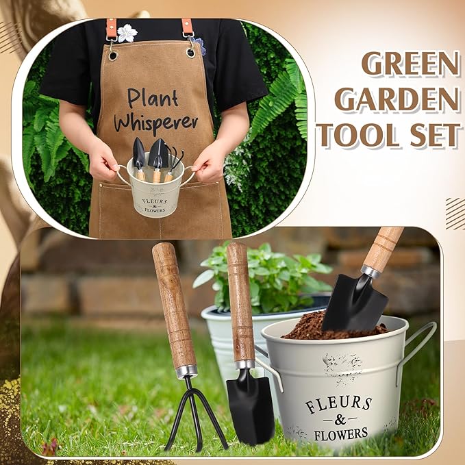 Tarpop Garden Tool Set Christmas Plant Whisperer Gardening Gifts for Women, 7 Pcs Vegetable Planting Tool Kit Cap Canvas Apron Gloves Soil Scoop Transplant Trowel Cultivator Flower Tub(Brown)
