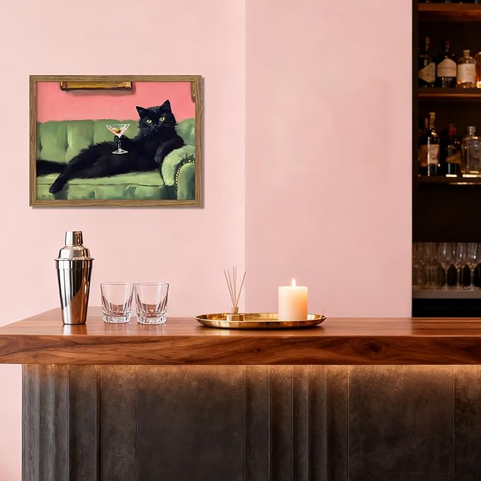 Framed Black Cat with Martini Wall Art Print, Whimsical Cute Cat Decor Paintings, Cocktail Art Bar Cart Decor, Funny Animal Canvas Pictures Aesthetic for Home Living Room Bedroom – 12x16 inch