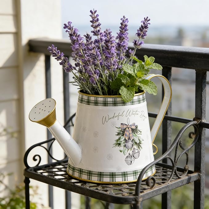 Vintage Metal Christmas Watering Can Decor - Wonderful Winter Days Design with Bell Wreath, Rustic Farmhouse Watering Pot Garden Decorative Planter for Holiday Home Mantel Tabletop Xmas Decor
