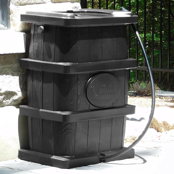 FCMP Outdoor Slim Line Design 45-Gallon Wood Grain Outdoor Home Rain Water Catcher Barrel Flat Back Container with Spigots and Mesh Screen, Black