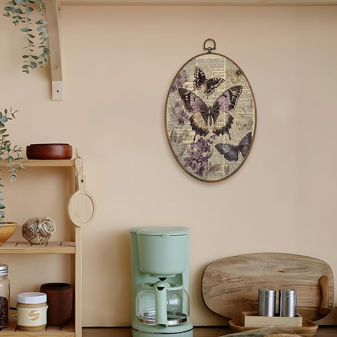 LKETW Vintage Purple Butterfly Oval Wall Art Decor, Cottagecore Dictionary Butterfly Floral Oval Canvas Hanging Decor, Retro Moth Insect Wall Decorations for Home Bedroom Living Room, 8.6x11.4 Inch