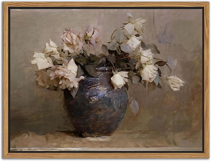 SAMHOU Floating Framed Floral Canvas Wall Art, Vintage Flowers Pictures Wall Decor, Rustic Farmhouse Pink Roses Poster Prints for Living Room Bathroom Dining Room Decor 16x24 inch
