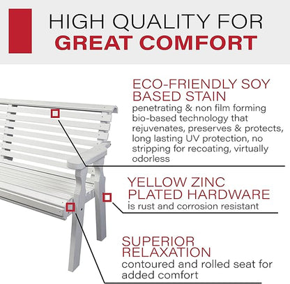Amish Casual Heavy Duty 5 Foot Roll Back Outdoor Bench in White Stain - Amish Made in The USA from Treated Pine for Outdoor Durability, 700 Lb Weight Capacity