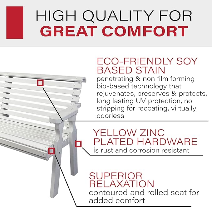 Amish Casual Heavy Duty 4 Foot Roll Back Outdoor Bench in White Stain - Amish Made in The USA from Treated Pine for Outdoor Durability, 700 Lb Weight Capacity
