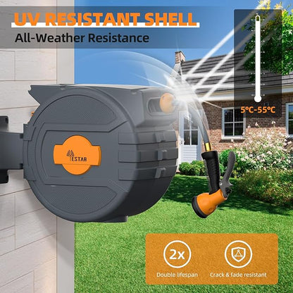 Retractable Garden Hose Reel 1/2"x82 ft, Automatic Hose Reel with 7 Pattern Nozzle, Any Length Lock Wall Mounted &180 Deg Swivel