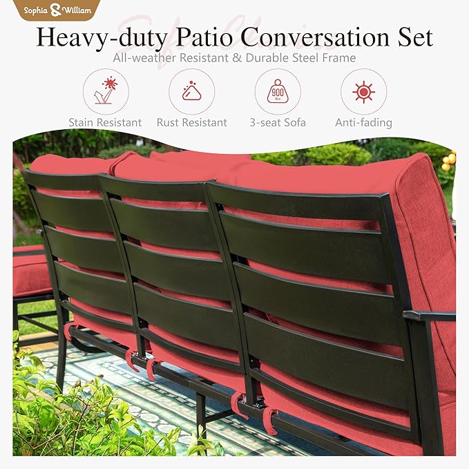 Sophia & William Patio Furniture Sets for 5 Outdoor Metal Conversation Sets 5 Pcs with 2 x Cushioned Swivel Sofa Chairs, 2 x Ottomans as Coffee Table, 1 x 3-Seat Sofa, Lawn Backyard Poolside Red