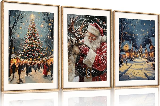 Aryroi Large Enchanting Christmas Framed Canvas Wall Art Set,Santa Claus Reindeer Wall Decor,Magical Glowing Christmas Tree Artwork,Winter Snowy Village Art Print for Living Room,Bedroom- 16"x24"x3