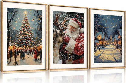 Aryroi Large Enchanting Christmas Framed Canvas Wall Art Set,Santa Claus Reindeer Wall Decor,Magical Glowing Christmas Tree Artwork,Winter Snowy Village Art Print for Living Room,Bedroom- 16"x24"x3