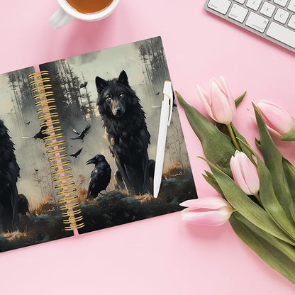 XPH Gothic Wolf Raven Spiral Notebook, Wolf Gifts, Crow Gifts Journaling Notebooks for Women, Dark Moody Wild Animal Hardcover Journals for Writing 160 Pages 5.5 x 8.3 Inch, Gothic Office Supplies