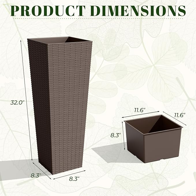 JUMMICO Set of 2 Resin Rattan Tall Planters for Outdoor Plants, Large Tapered Planters with Drainage Holes&Inner Trays, Flower Pots for Garden, Patio, Porch, Backyard (Brown, 32'')