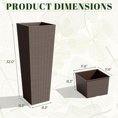JUMMICO Set of 2 Resin Rattan Tall Planters for Outdoor Plants, Large Tapered Planters with Drainage Holes&Inner Trays, Flower Pots for Garden, Patio, Porch, Backyard (Brown, 32'')